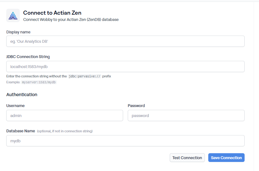 Connect to Actian Zen form